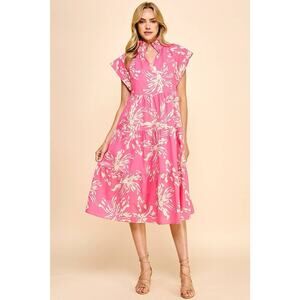 PINCH Pink Floral Tiered Midi Collared A-Line Dress, Sleeveless, Size S